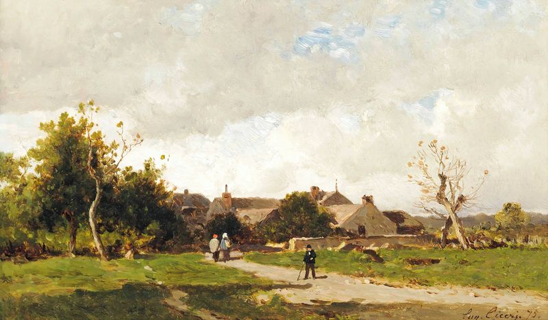 Figures huddled in twilight, oil on canvas by Eugène Ciceri