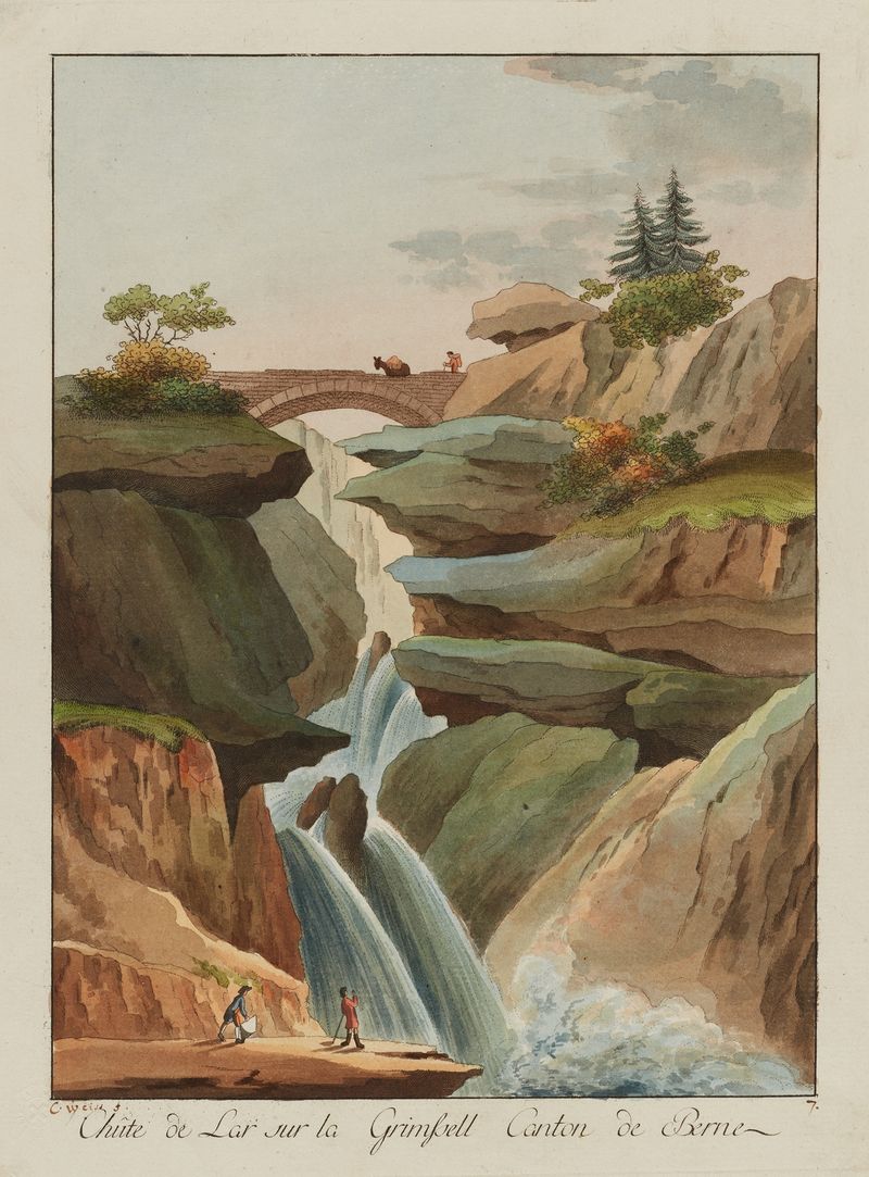 Paisagem com água e montanhas, óleo sobre tela de Caspar Leontius Wyss