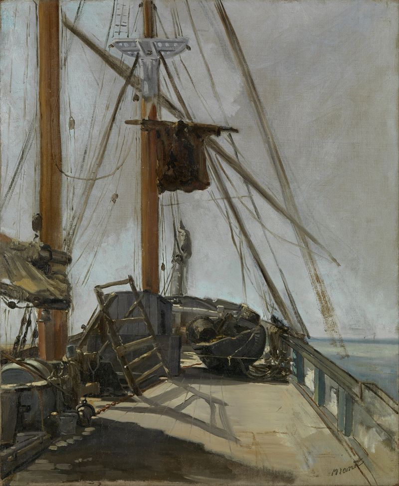 The ship’s deck by Édouard Manet, oil on canvas depicting a ship's deck with light and shadow.