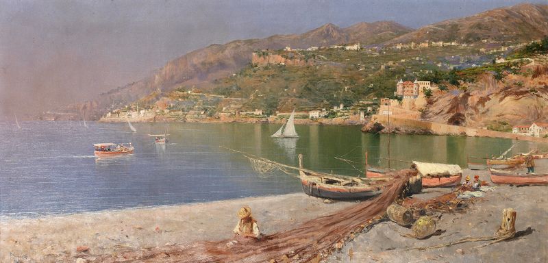 Pintura al óleo de Pietro Scoppetta que muestra a una figura arreglando redes en un entorno costero.