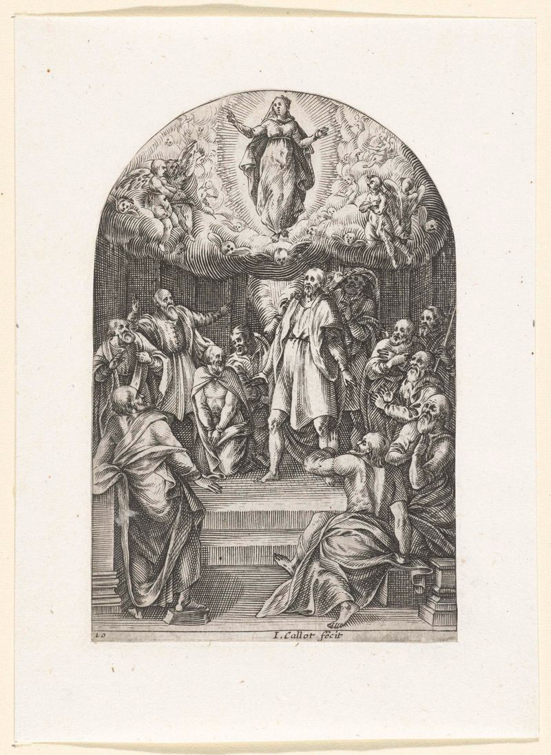 Gravura de Jacques Callot representando a ascensão da Virgem Maria com figuras celestiais.