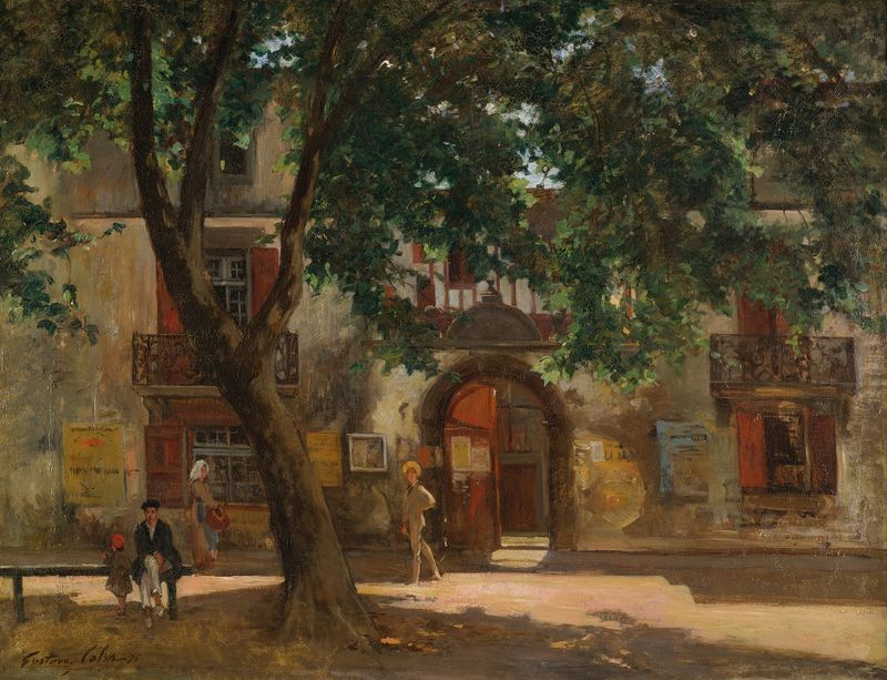 Afternoon In A French Village by Gustave Henri Colin, oil on canvas depicting a serene landscape with sunlight and hills.