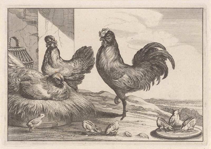 Grabado de gallinas con plumas suaves de Unknown Artist