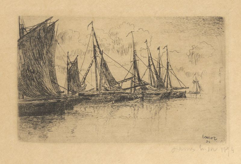 De kleine schuiten de James Ensor, pintura al óleo de pequeños barcos en el agua