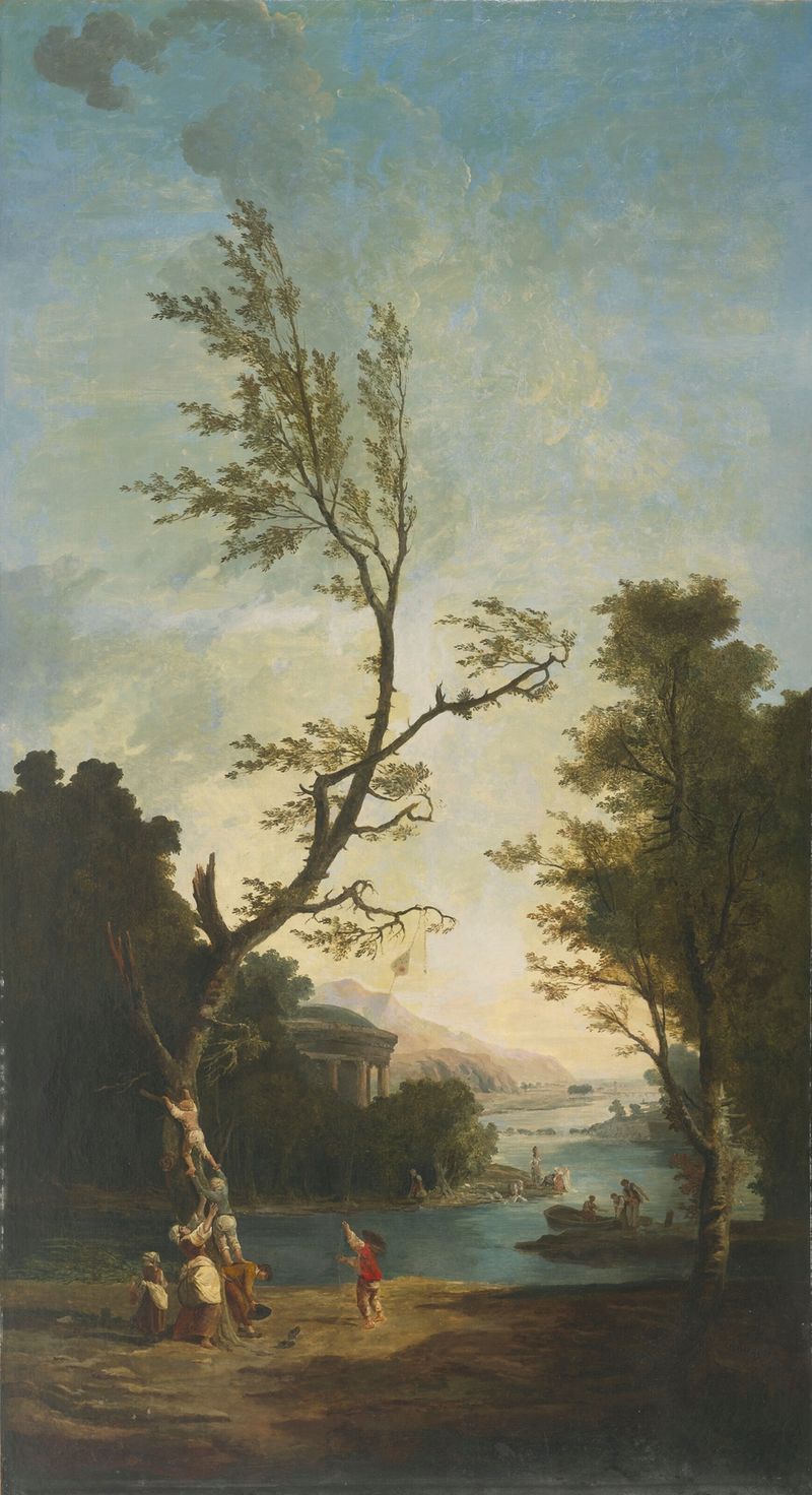 Escena de género de Hubert Robert, que muestra a un niño volando un cometa en un cielo azul.