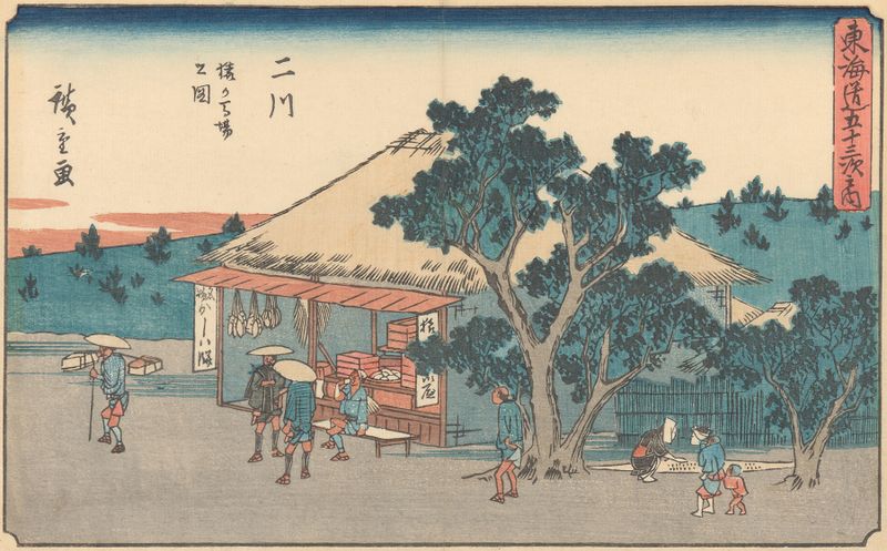 Xilogravura Futagawa de Utagawa Hiroshige mostrando um rio serpenteando por colinas