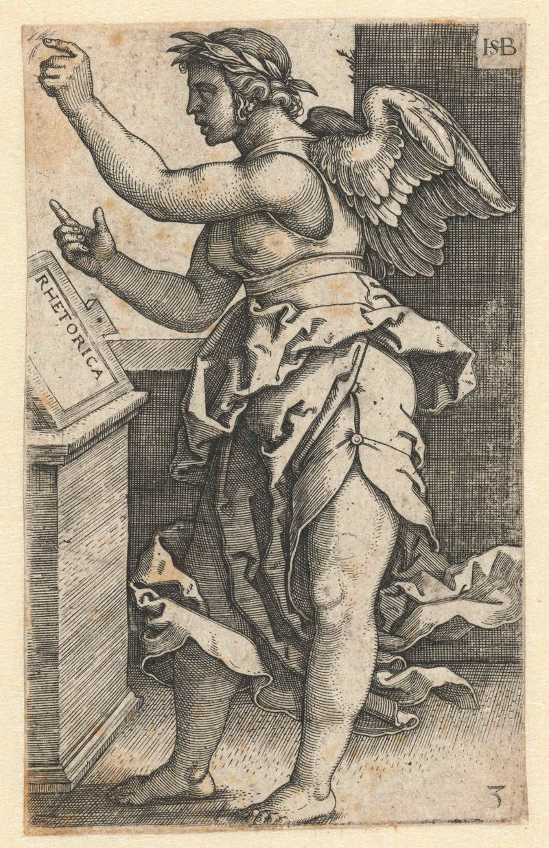 Grabado de Hans Sebald Beham de una figura femenina que encarna la retórica con luz y sombra