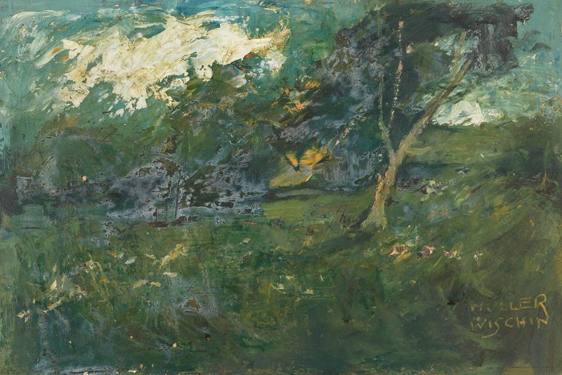 Landscape oil painting by Anton Müller-Wischin featuring lush greenery and blue skies.
