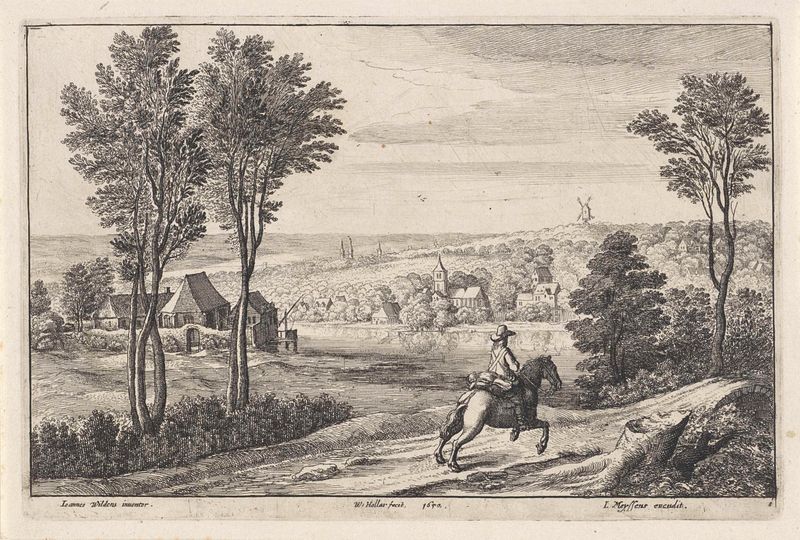 Landschap met een ruiter, gravura de Wenceslaus Hollar, apresentando um cavaleiro em uma paisagem.
