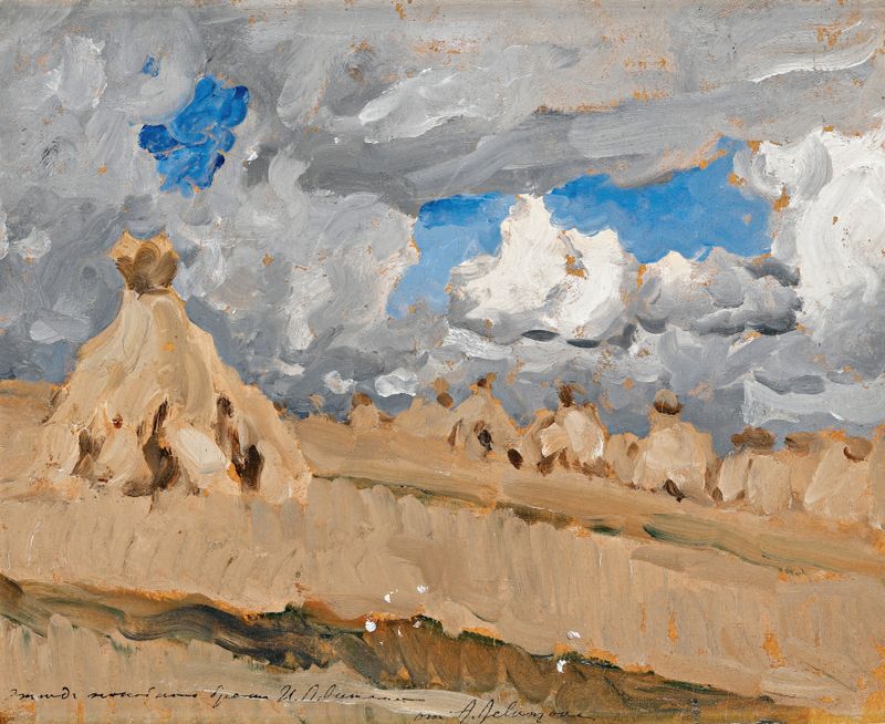 Haystacks in a Russian landscape, oil painting by Isaac Levitan