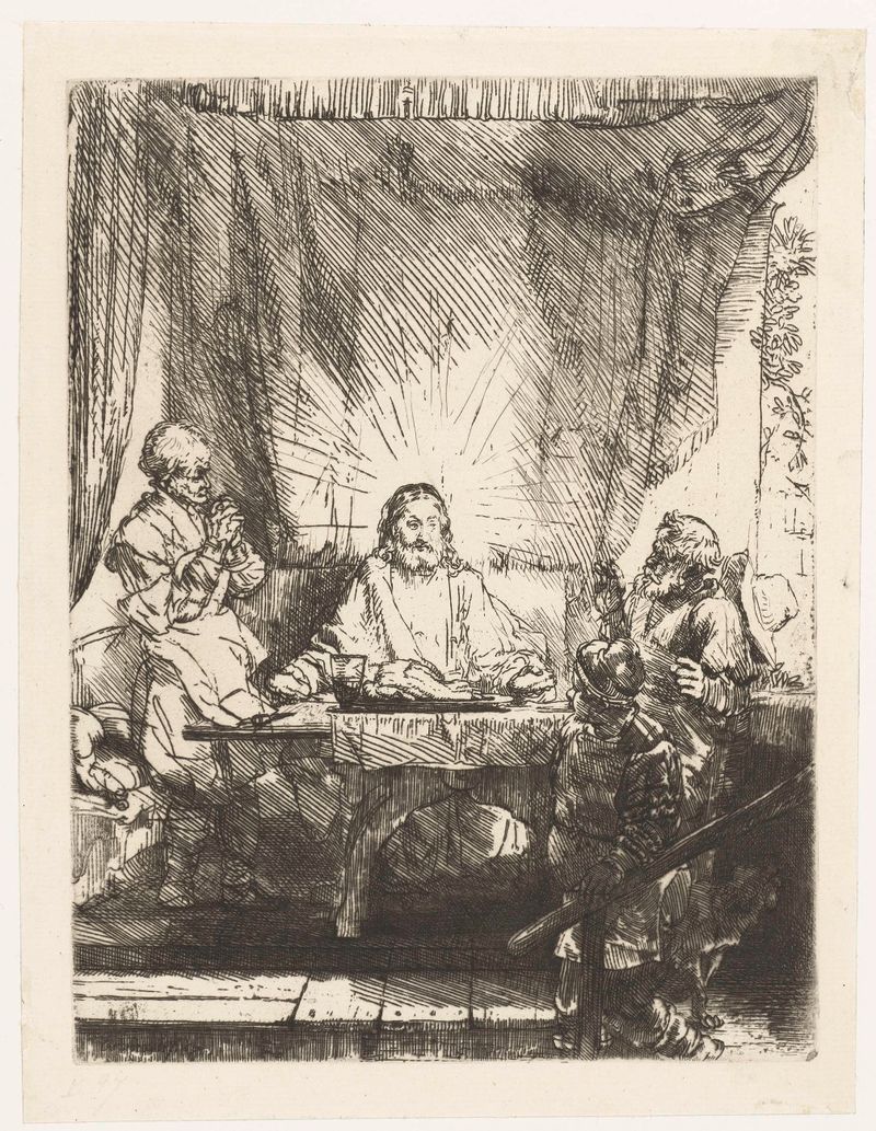Grabado Cristo en Emmaús de Rembrandt van Rijn mostrando dos figuras en un momento de revelación
