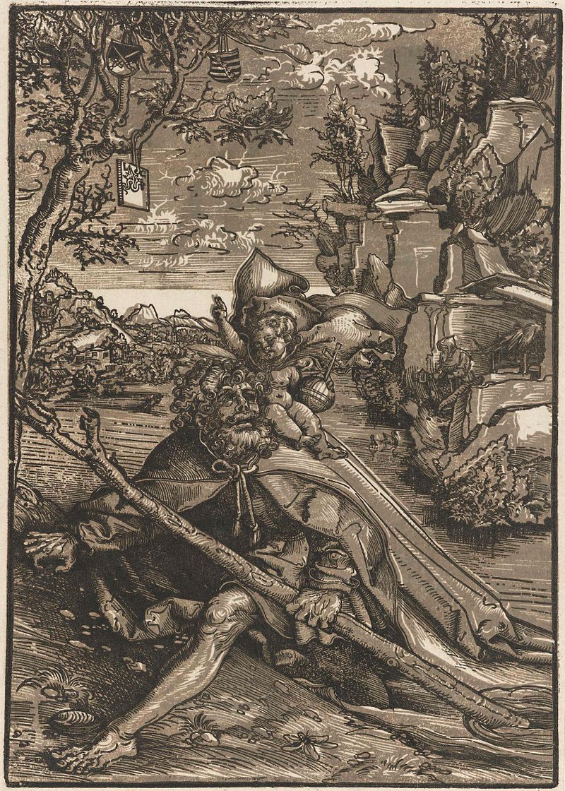 Heilige Christoffel met Christuskind de Lucas Cranach (I), medio papel, representa a San Cristóbal con el Niño Cristo.