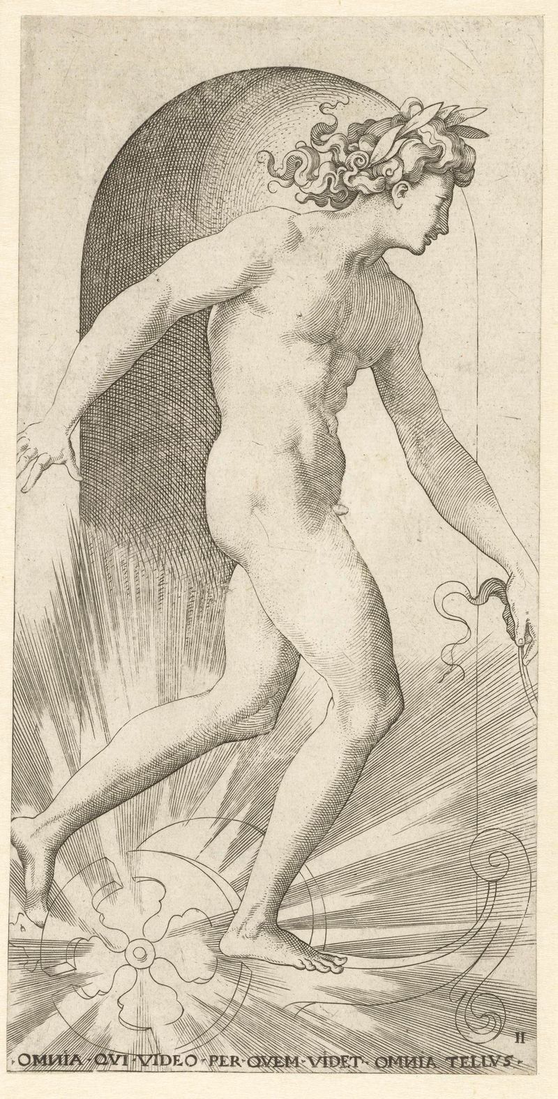 Gravura de Jacob Binck retratando Apolo em uma carruagem com uma coroa de louros.