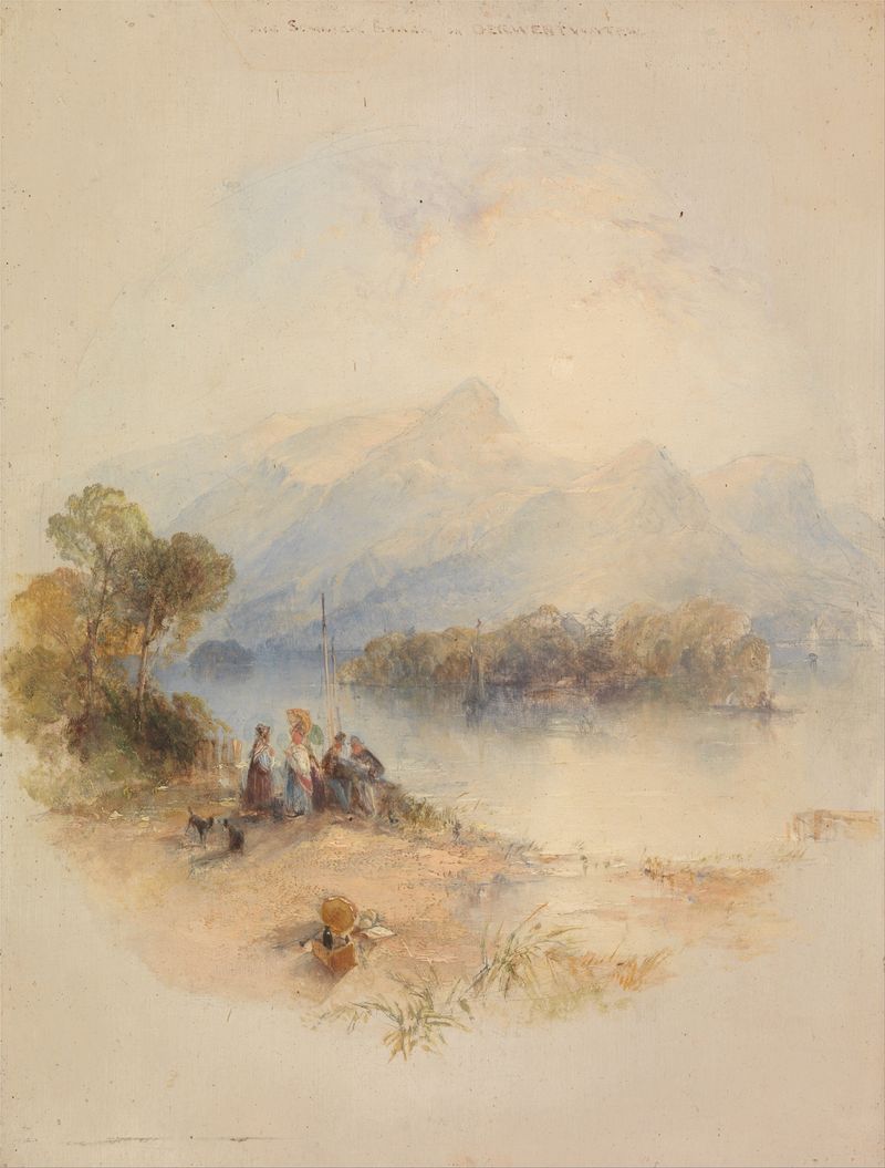 The Summer Bower, Derwent Water by Thomas Creswick, oil on canvas showing a tranquil lake and lush foliage.
