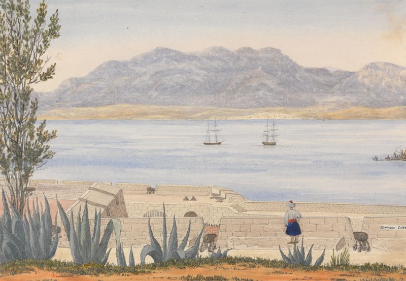 Algeciras from Gibraltar, oil on canvas by George Lothian Hall, depicting hills and the Mediterranean Sea.