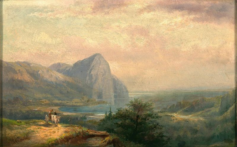 Oil on canvas by Carl Franz Emanuel Haunold depicting a tranquil lake and mountains.