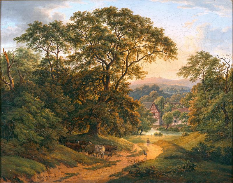 Landscape by Anton Schiffer, oil on canvas showing hills and cottages.