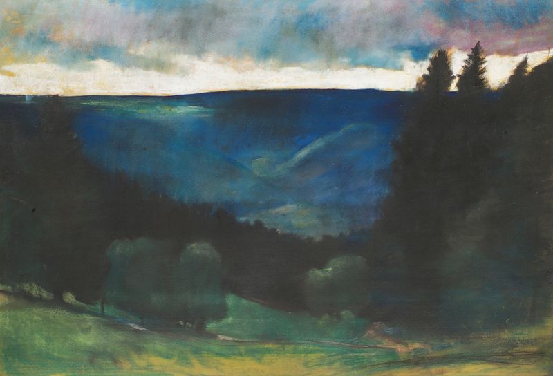Impressionist landscape depicting a rainy atmosphere by Lesser Ury