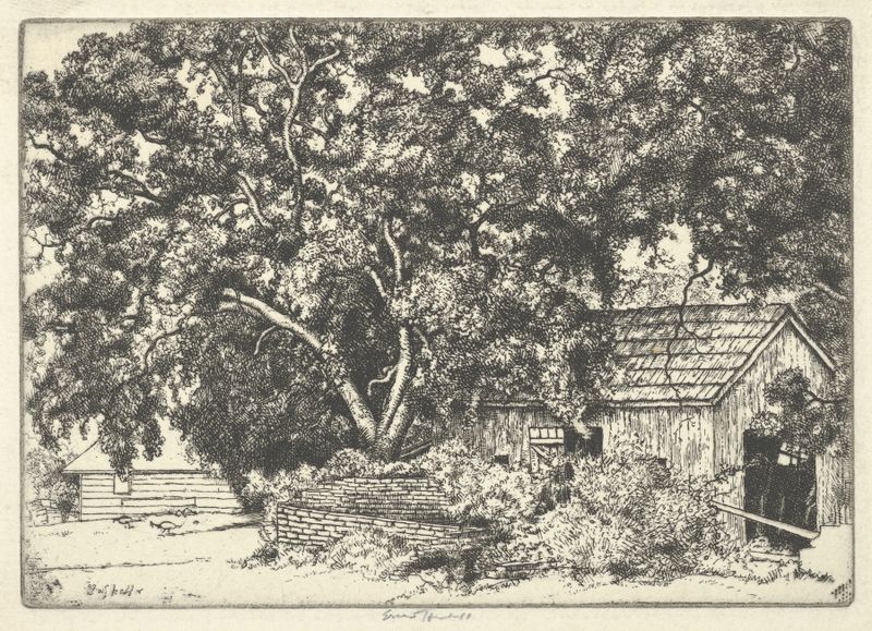Orindo Rancho de Ernest Haskell, que representa un paisaje con montañas y luz suave, pintura al óleo.