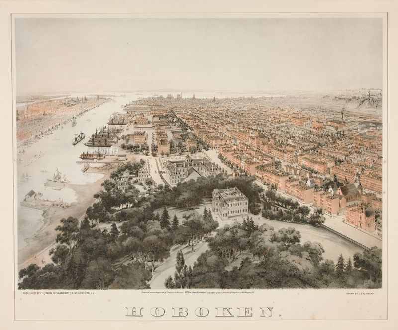 Hoboken de John Bachmann, 1874, paisagem retratando o crepúsculo sobre um rio e uma paisagem urbana