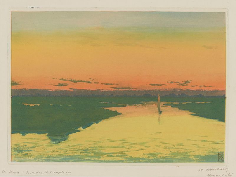 La Meuse à Dordrecht de Charles-Louis Houdard, impresionismo, representando corrientes de río en espiral