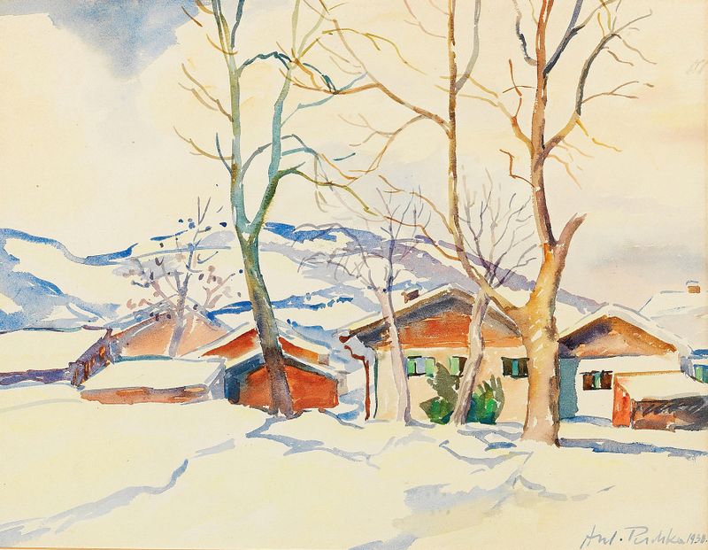 A winter landscape with snow-covered hills, oil on canvas by Anton Emanuel Peschka