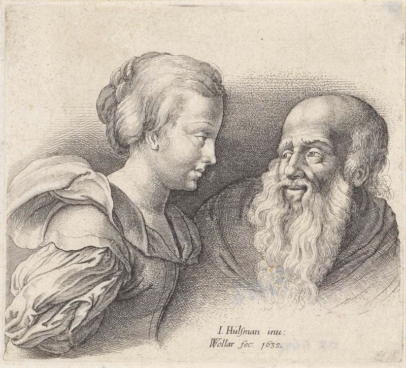 Oude man met baard en een jong meisje, grabado de Wenceslaus Hollar, con un anciano y una niña.