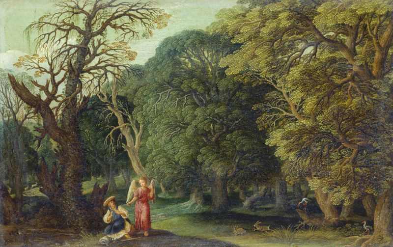 Hagar and the Angel in the Desert by Johann König, oil painting depicting a mother and child in soft light.