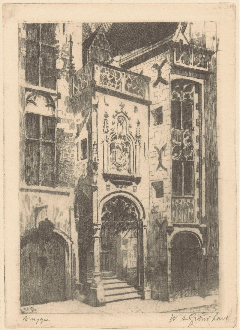 Paisagem impressionista de Brugge de Willem Adrianus Grondhout, com reflexos na água e luz suave.