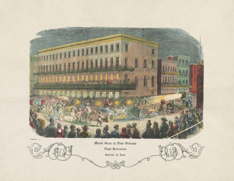 Mardi Gras at New Orleans lithograph by Currier & Ives depicting a lively night procession.