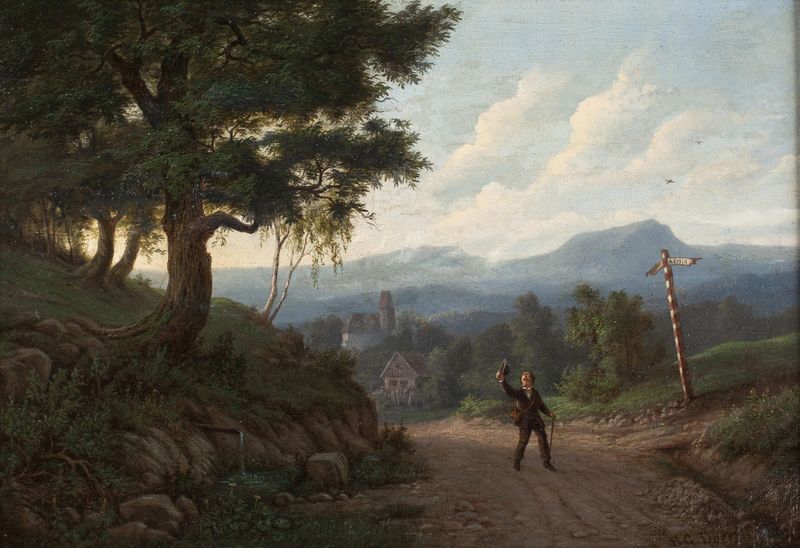 Trabalho figurativo de Ernst Gustav Doerell, retratando uma jornada em cores suaves. Meio desconhecido.