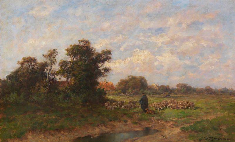 Genre scene depicting a shepherd with his herd at the village edge by Désiré Thomassin