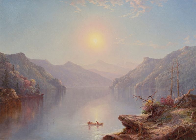 River Landscape At Daybreak, pintura a óleo de George W. Waters, retrata um amanhecer tranquilo sobre um rio cintilante.