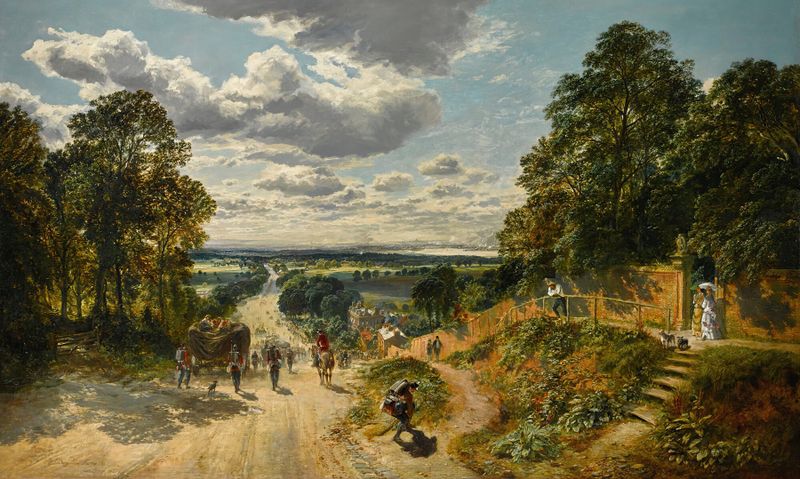 Landscape oil painting by Samuel Bough depicting hills and a winding path.