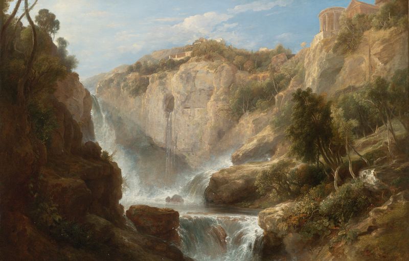 Landscape featuring a river and waterfall, oil painting by Pierre-Athanase Chauvin