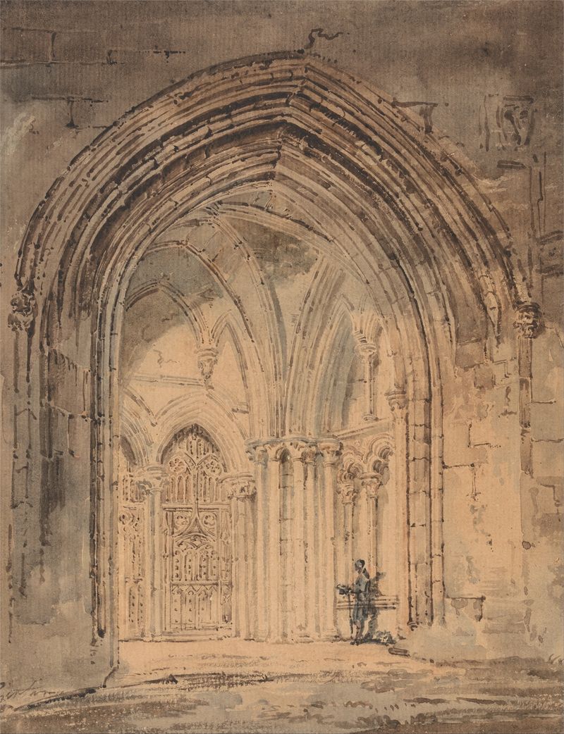 Aquarela de Thomas Girtin retratando a Catedral de St. Alban com torres contra o céu ao entardecer.
