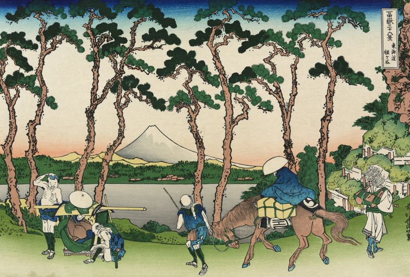 Paisagem Ukiyo-e de Katsushika Hokusai mostrando colinas e ondas