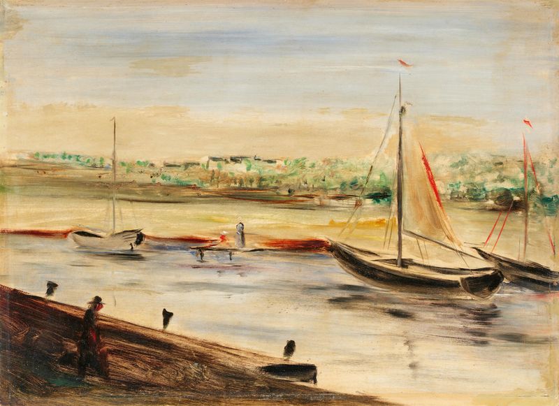 Marine scene with sailboats illuminated by sunlight, oil painting by Alfred Partikel