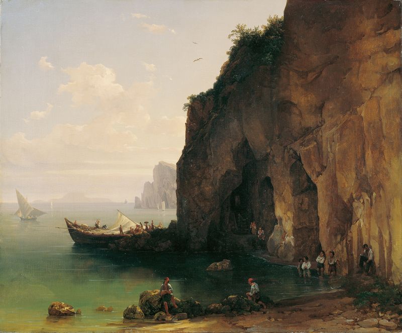 Paisaje de Küste von Sorrent de Thomas Ender, que muestra colinas y niebla en un estilo romántico.