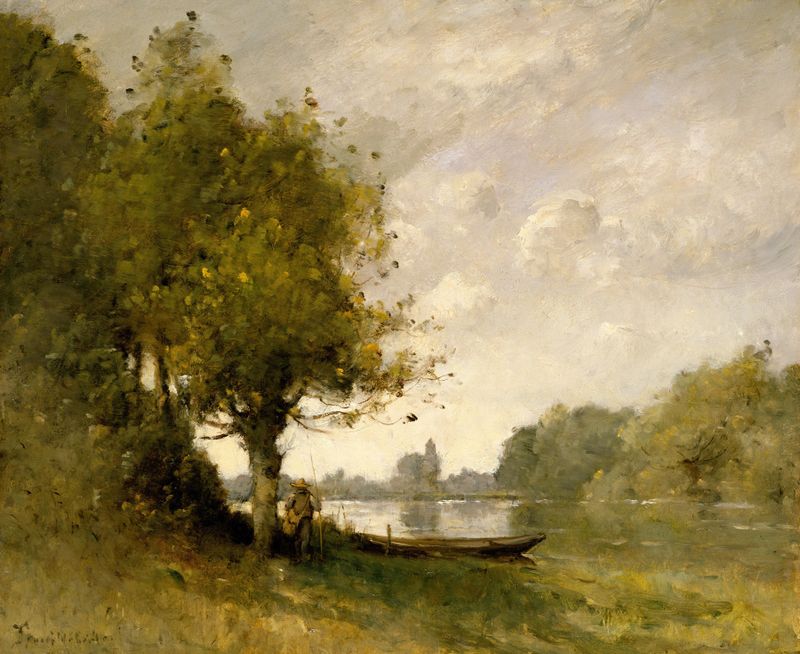 A Pond near Nangis by Paul Désiré Trouillebert, oil on canvas showing a tranquil pond and foliage.