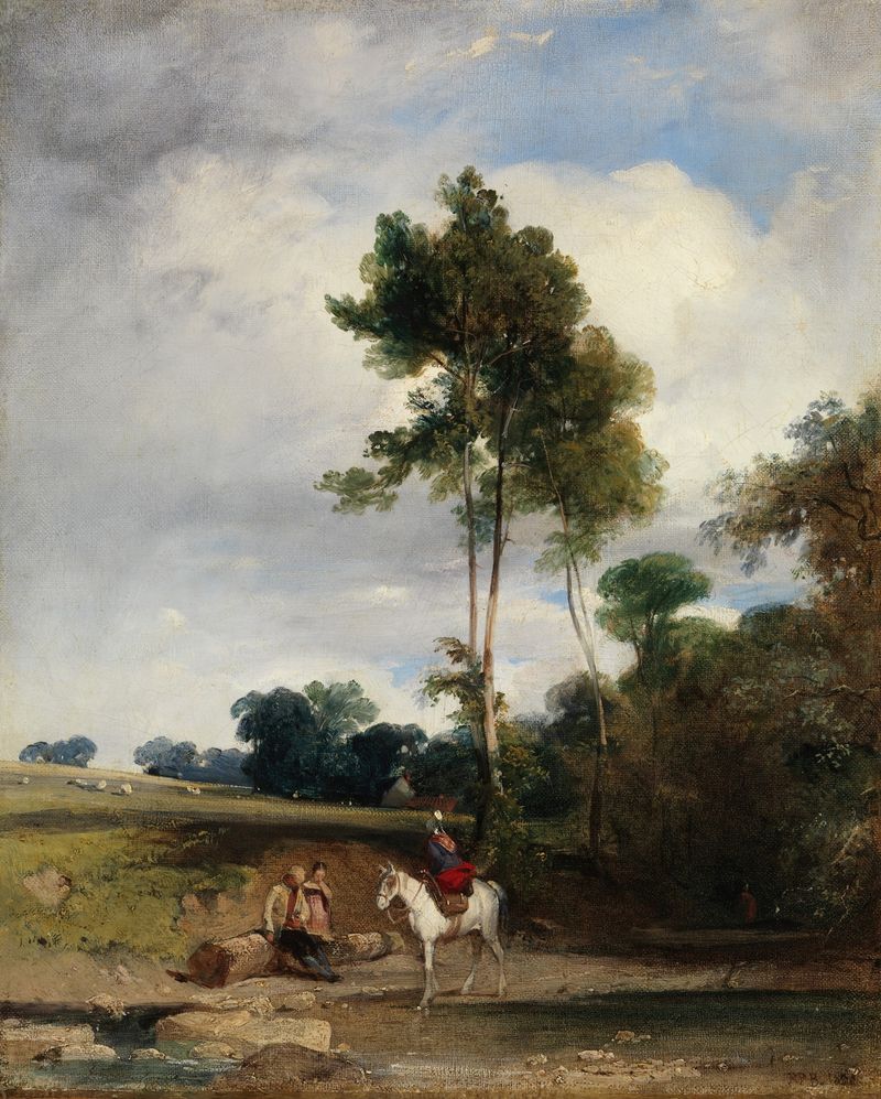 Roadside Halt de Richard Parkes Bonington, óleo sobre tela que retrata uma paisagem tranquila com luz e natureza.
