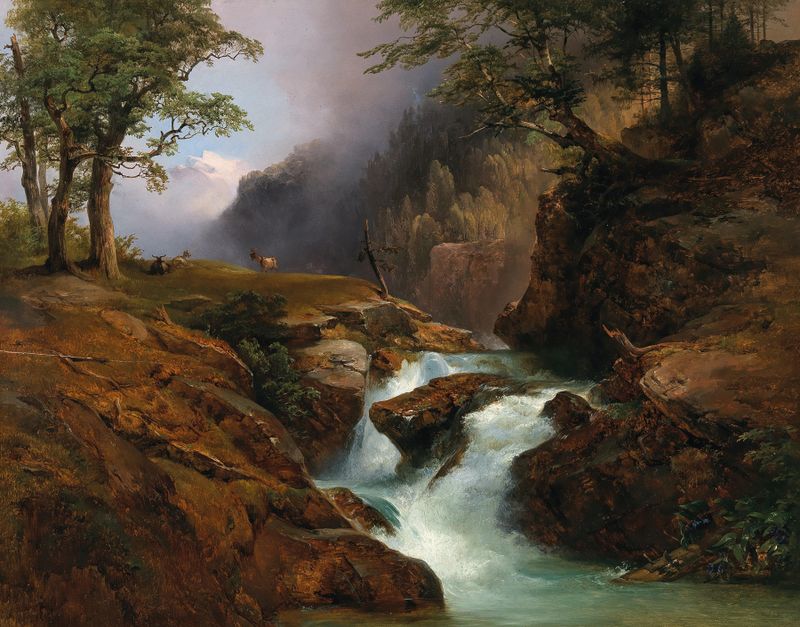 A Mountain Stream, Landscape in Schoppernau de Anton Hansch, óleo sobre tela representando um rio e uma floresta.