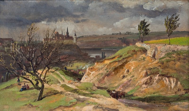 Vista de paisaje con colinas y un río de Johan Christian Dahl, pintura al óleo