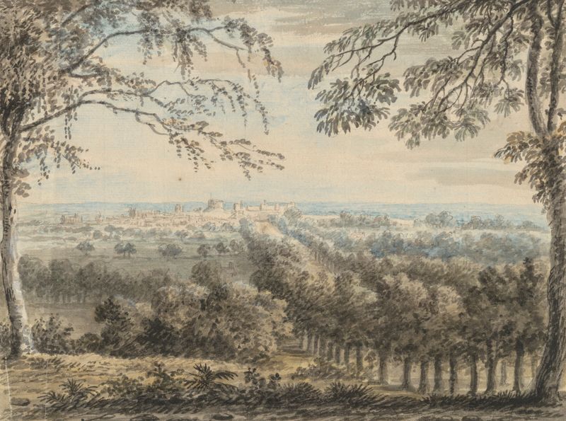 Landscape oil painting by Anthony Devis depicting Windsor Castle and trees.