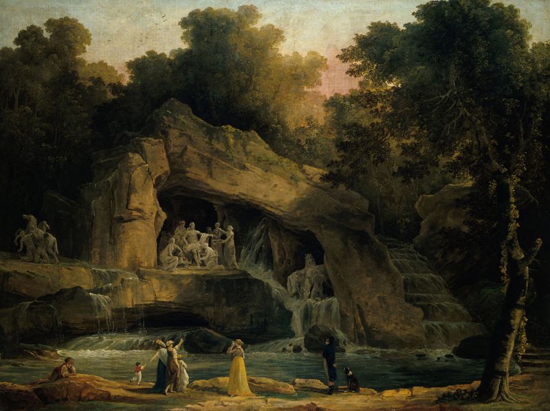 The Baths of Apollo in Versailles, oil painting by Hubert Robert, featuring serene waters and archways.