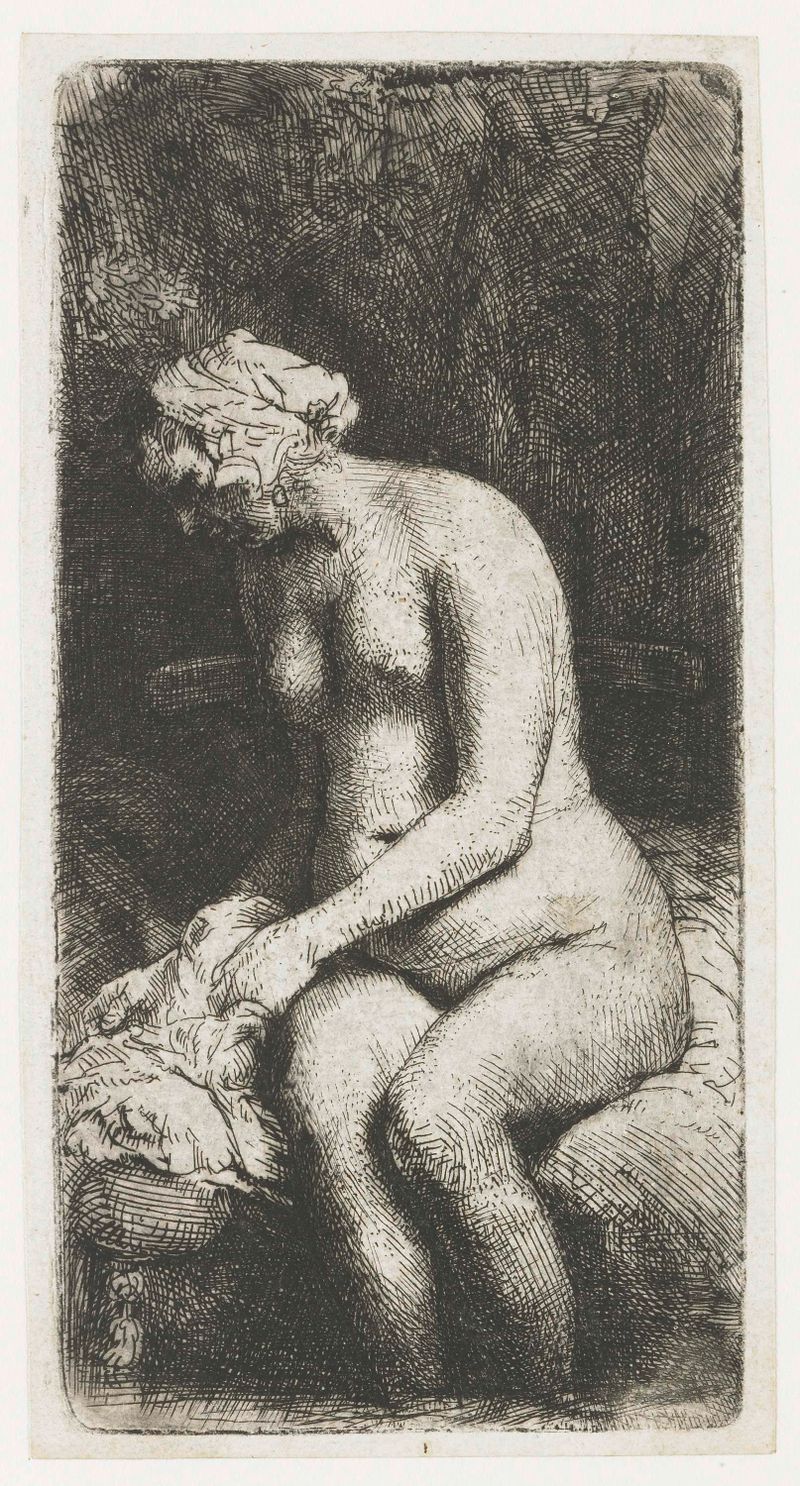 Mulher lavando os pés em um riacho, gravura de Rembrandt van Rijn