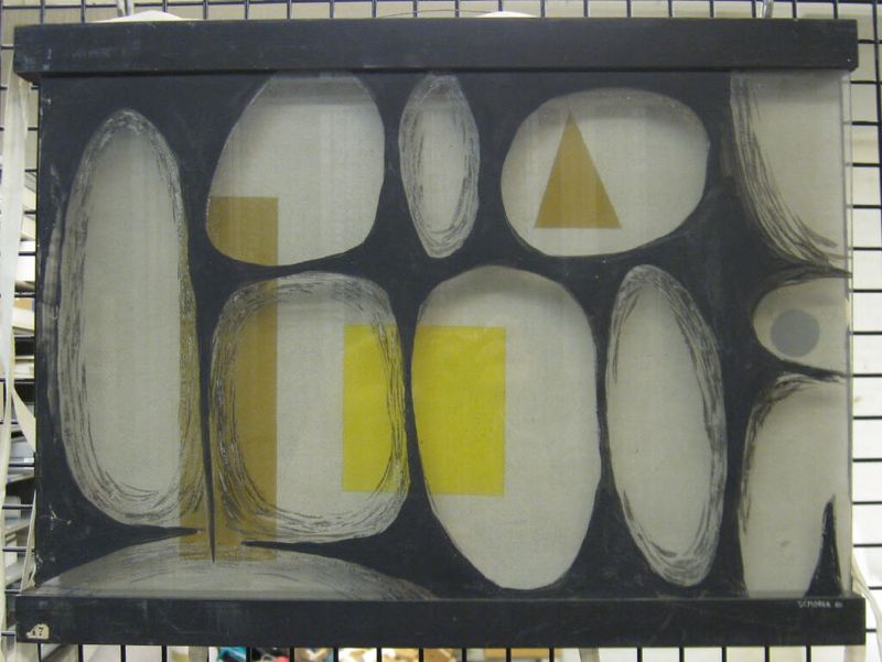 Gouache abstrata em papel de R. Thomas Schorer, apresentando vidro e jogo de cor e luz.