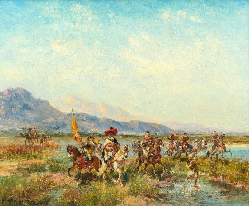 Horsemen fording a river, oil painting by Georges Washington
