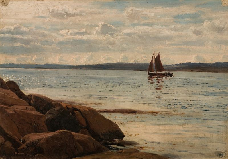 Cena marinha com ondas e costa de Amaldus Nielsen, pintura a óleo, 1896