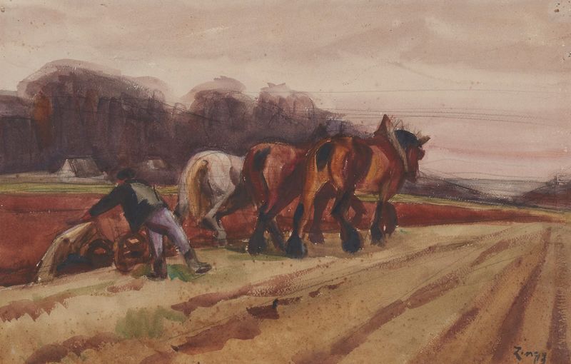 Landscape in oil on canvas by Jules Émile Zingg, featuring fields and vibrant light.